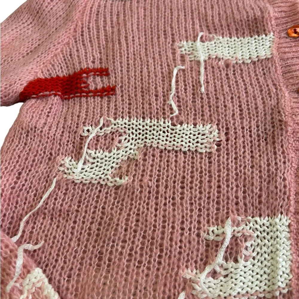 NWT ZARA Distressed‎ Knit Cropped Cardigan Sweater Pink Red White Medium
